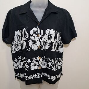 Gloria Vanderbilt Hawaiian Shirt Women's Medium Y2K Black White Floral
